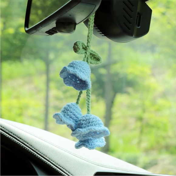Handmade Kawaii Woven Pink Bell Flower Plant Knit Car Mirror Hanging Accessory - Picture 6 of 10